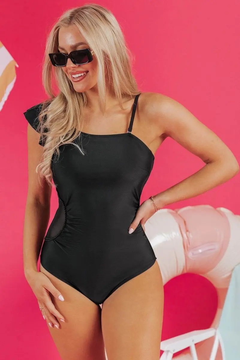 Black Asymmetric Ruffle Shoulder Pleated One Piece Swimsuit - Love Salve 