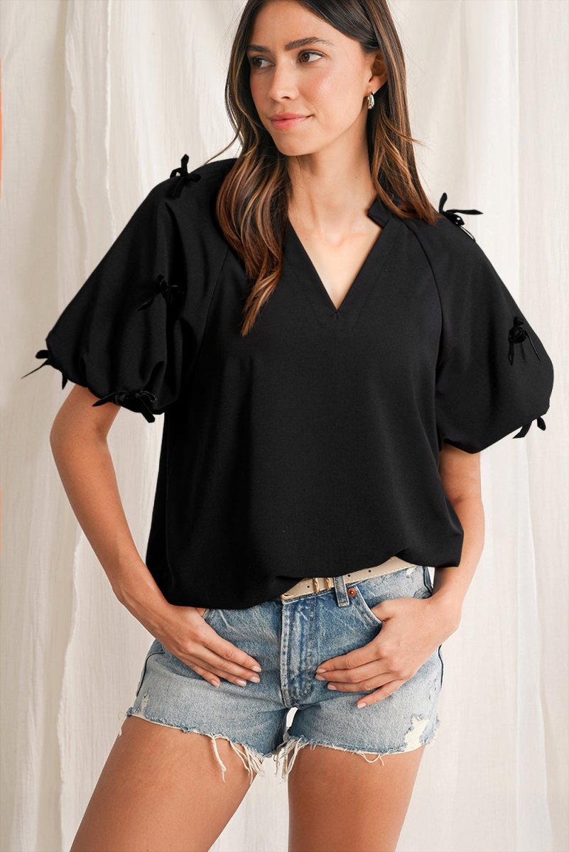 Black Bow Decor Puff Sleeve Split Neck Blouse for Women - Love Salve 