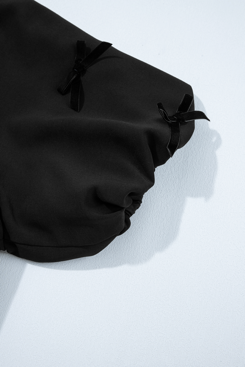 Black Bow Decor Puff Sleeve Split Neck Blouse for Women - Love Salve 
