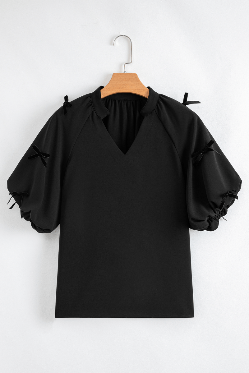 Black Bow Decor Puff Sleeve Split Neck Blouse for Women - Love Salve 