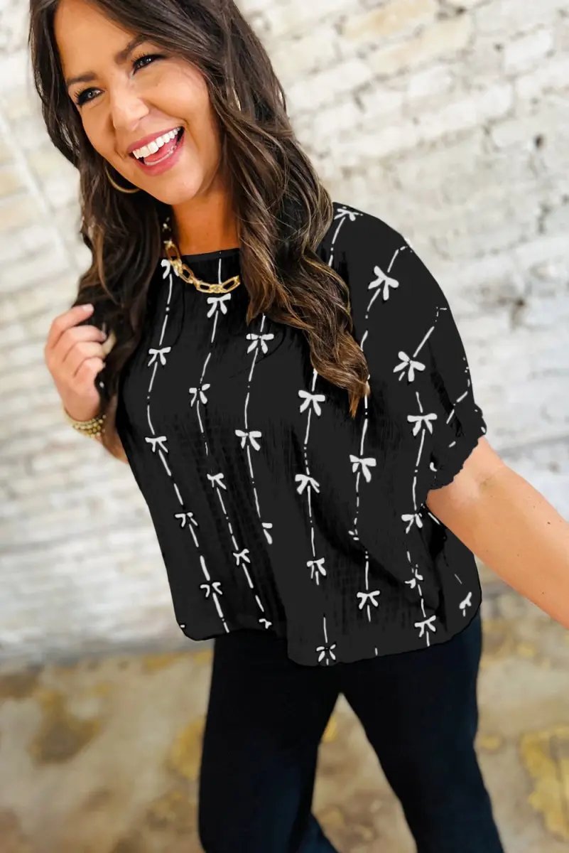 Black Bow Print Puff Short Sleeve Top for Trendy Style - Love Salve 