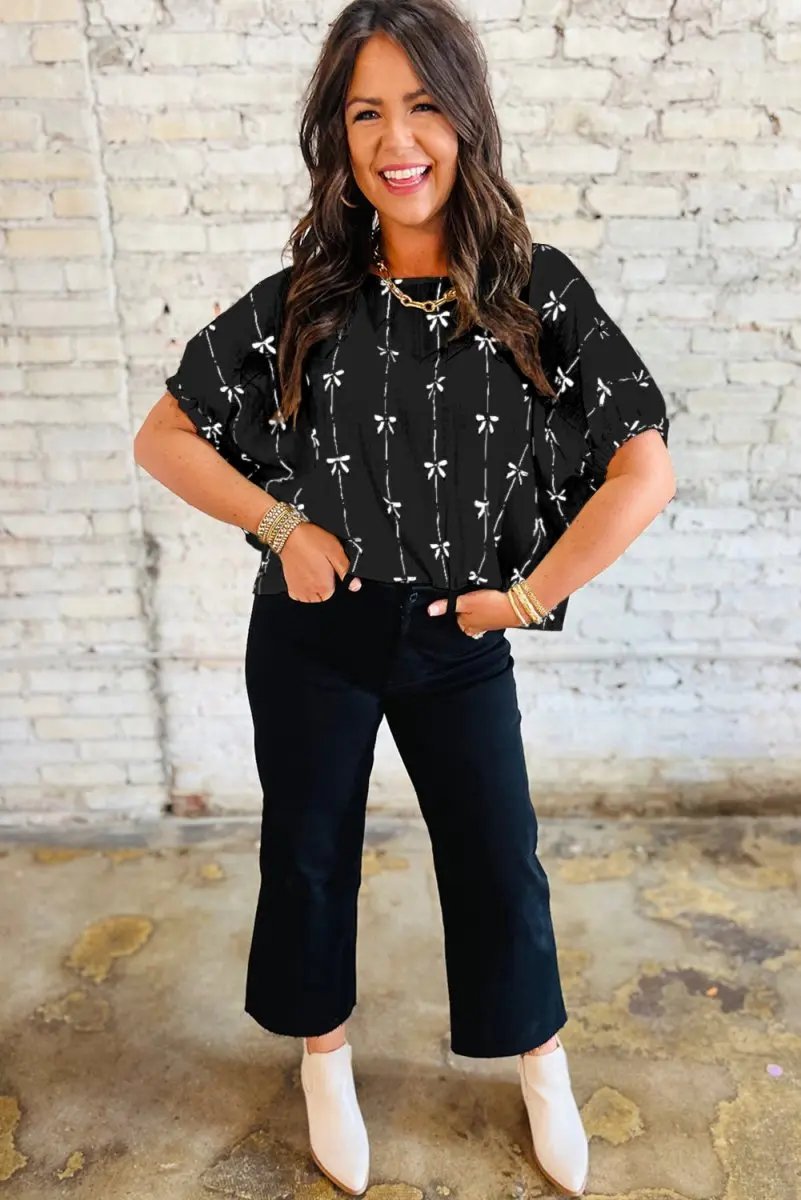 Black Bow Print Puff Short Sleeve Top for Trendy Style - Love Salve 