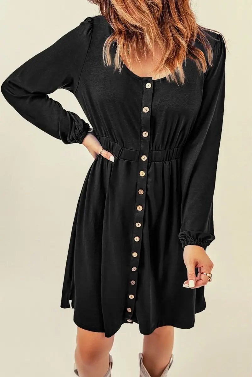 Black Button Up High Waist Long Sleeve Dress - Love Salve 