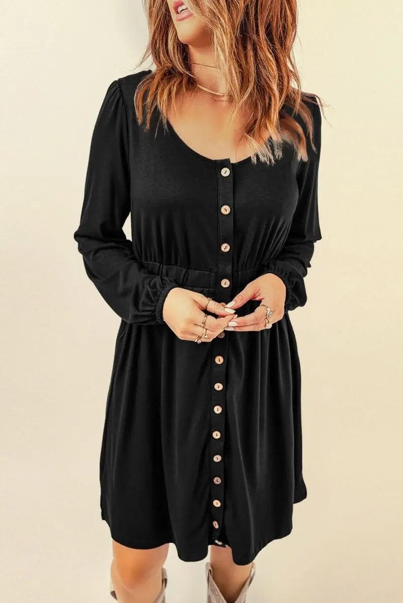 Black Button Up High Waist Long Sleeve Dress - Love Salve 