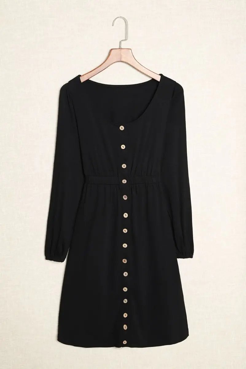 Black Button Up High Waist Long Sleeve Dress - Love Salve 