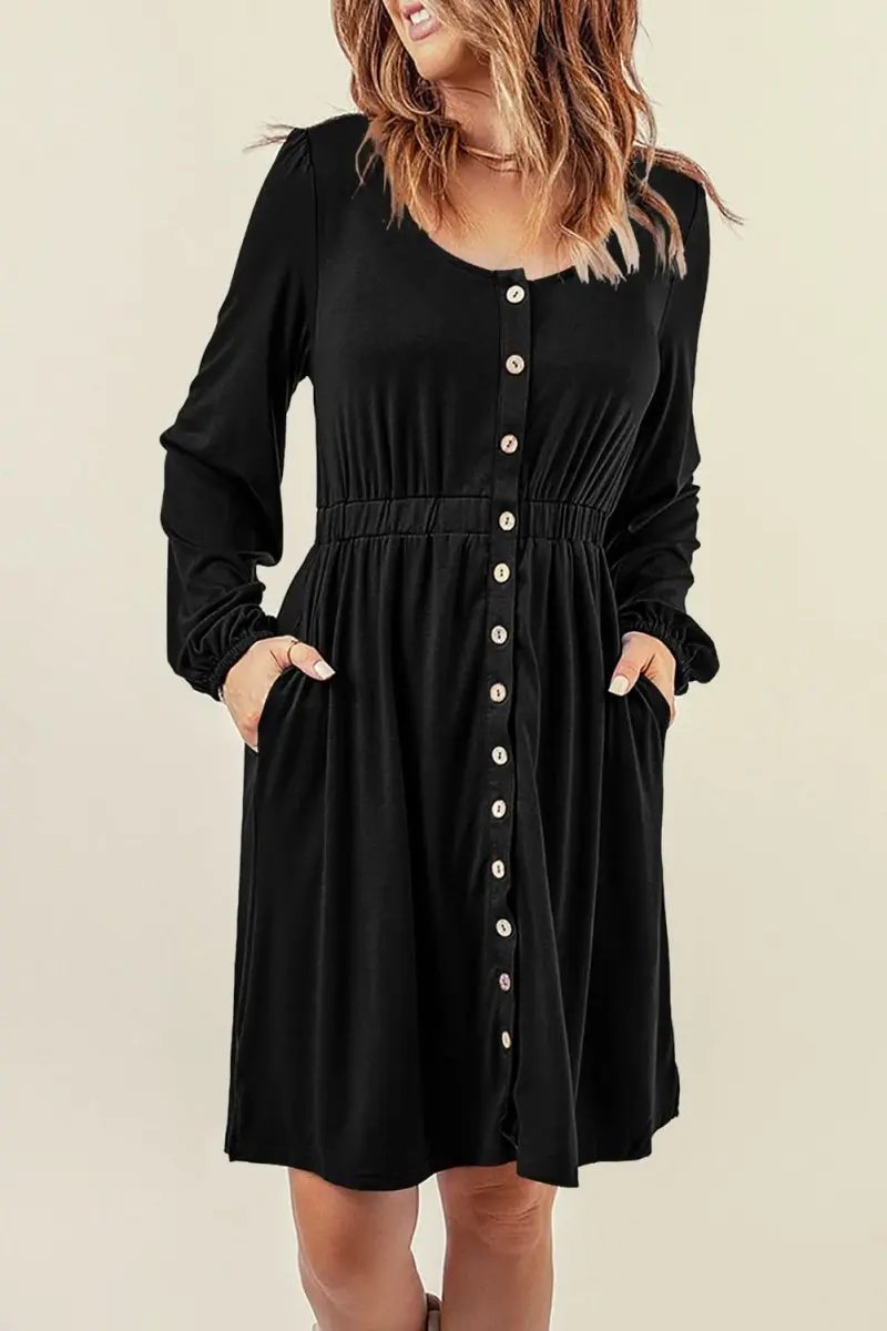 Black Button Up High Waist Long Sleeve Dress - Love Salve 