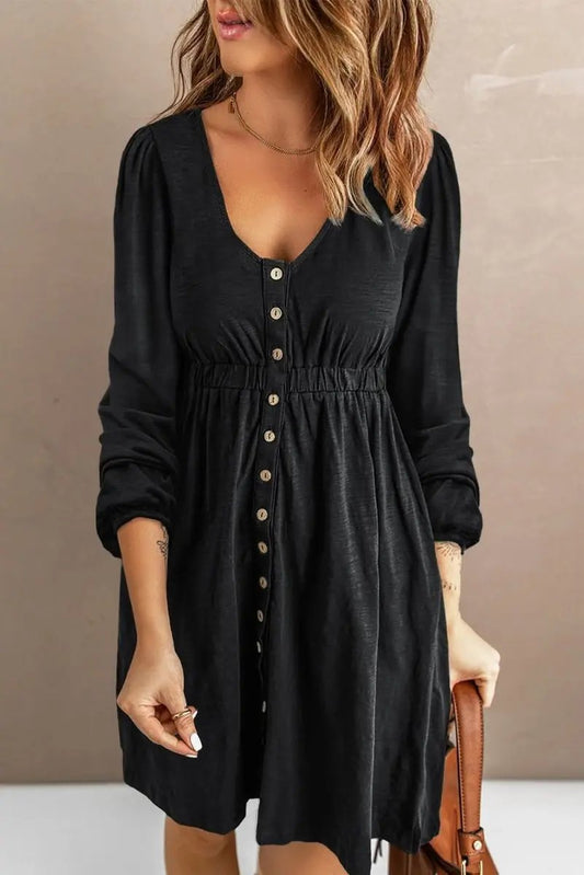 Black Button Up High Waist Long Sleeve Dress - Love Salve 