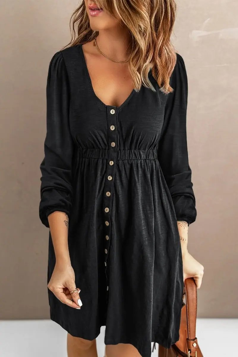 Black Button Up High Waist Long Sleeve Dress - Love Salve 