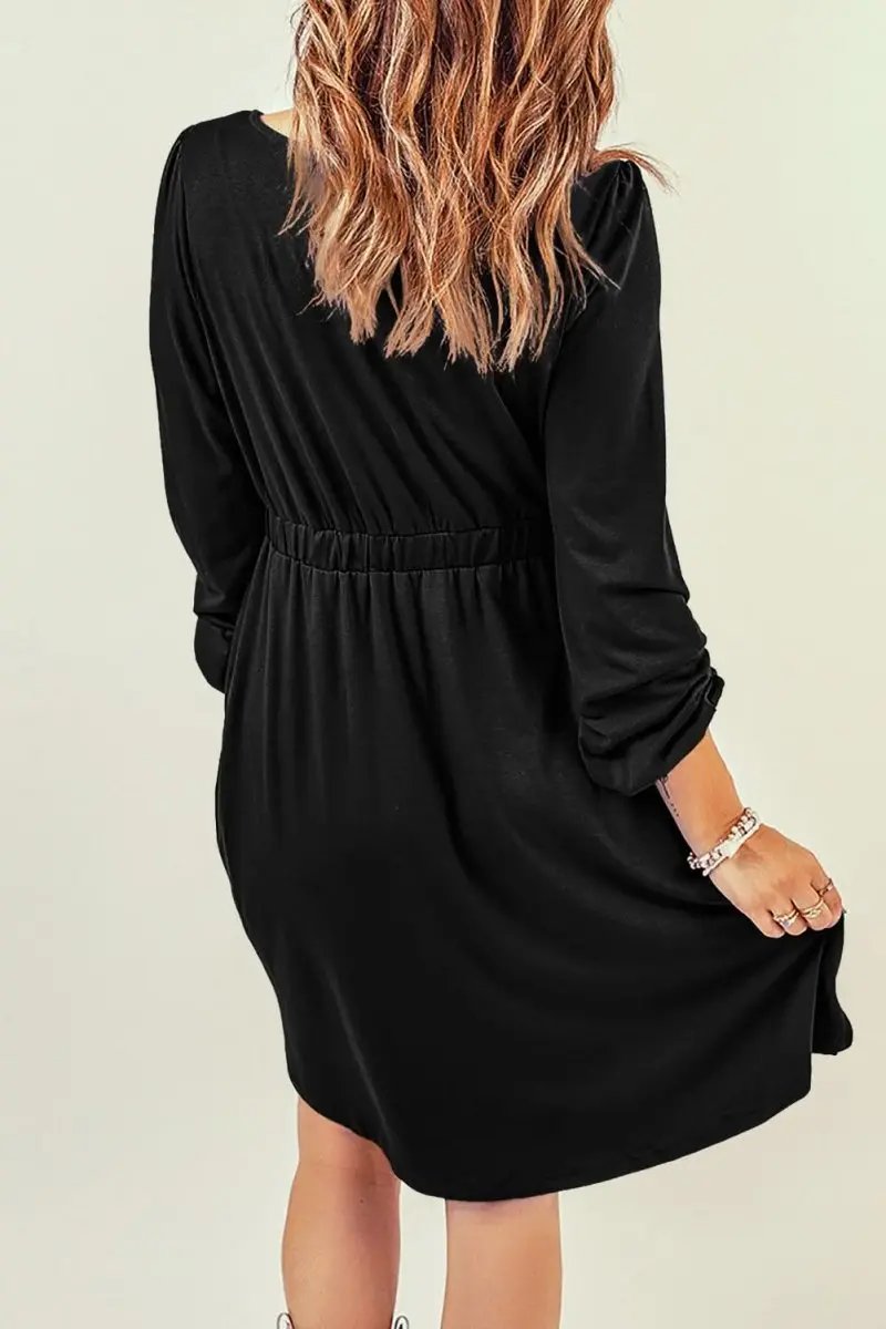 Black Button Up High Waist Long Sleeve Dress - Love Salve 