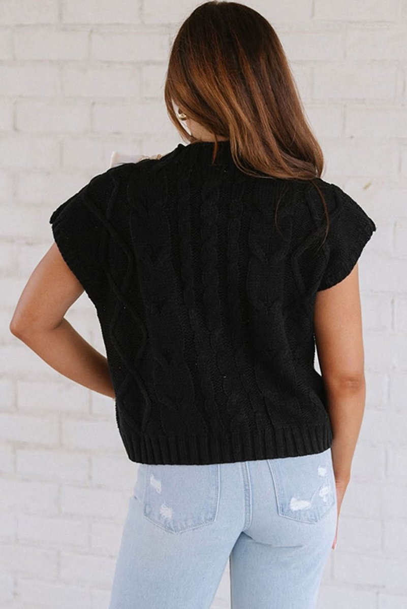 Black Cable Knit Colorblock Sweater with Satin Bowknot Details - Love Salve 