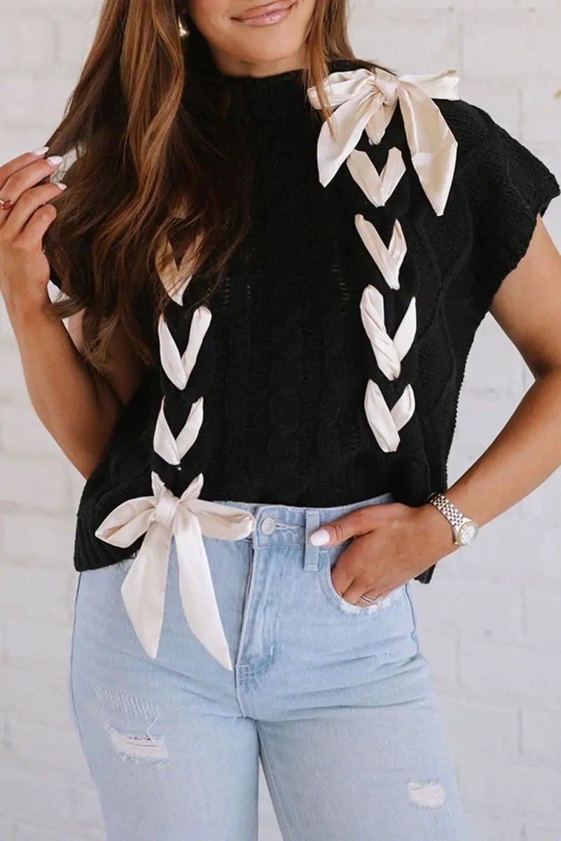 Black Cable Knit Colorblock Sweater with Satin Bowknot Details - Love Salve 