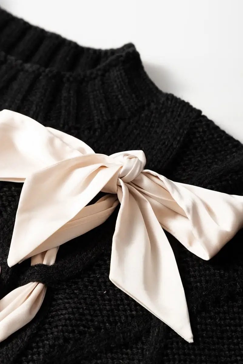 Black Cable Knit Colorblock Sweater with Satin Bowknot Details - Love Salve 