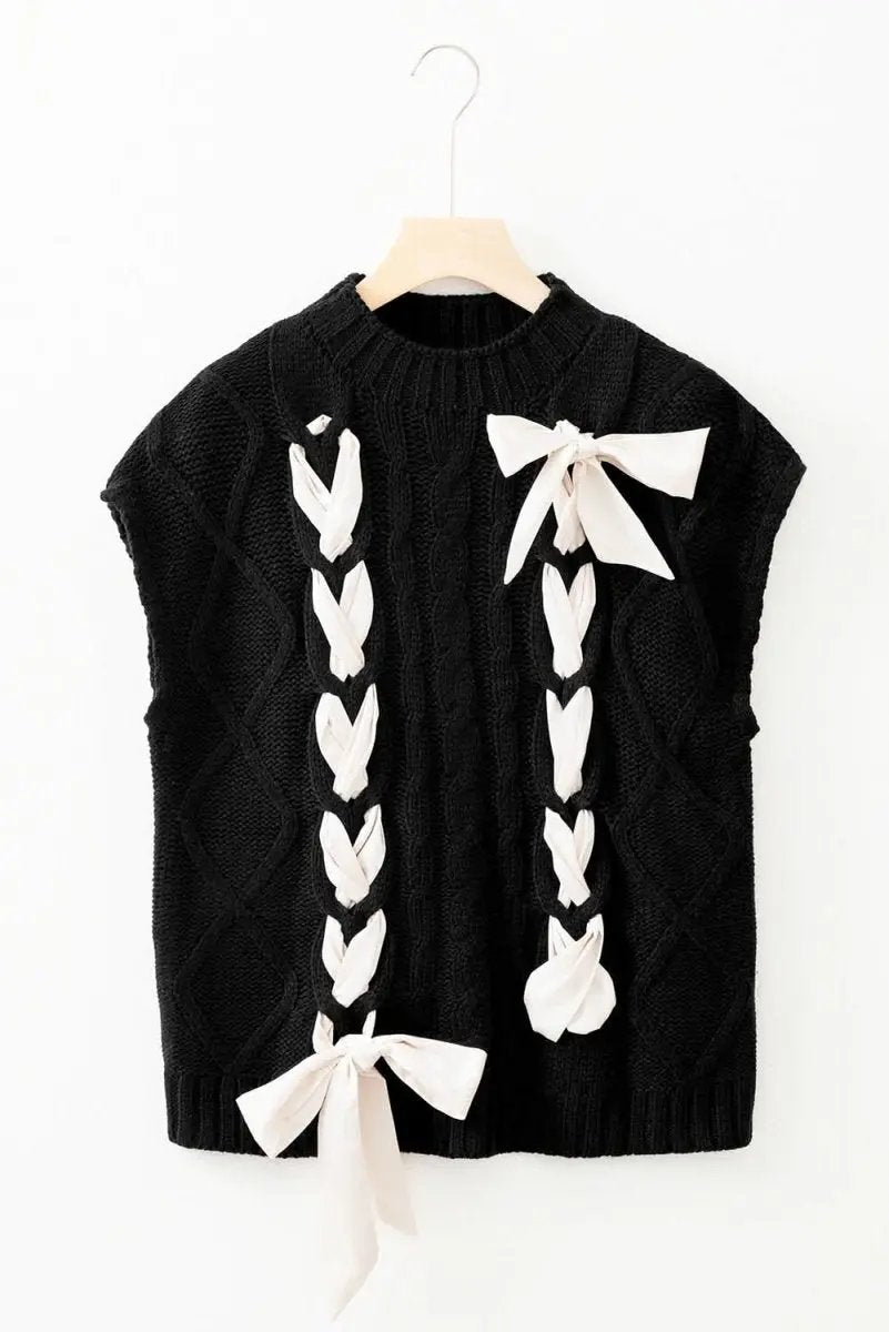 Black Cable Knit Colorblock Sweater with Satin Bowknot Details - Love Salve 