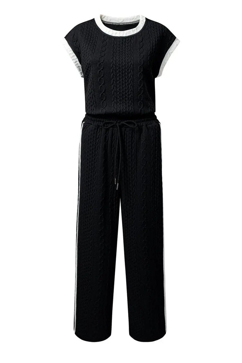 Black Cable Knit Contrast Trim Short Sleeve Top and Pants Set - Love Salve 