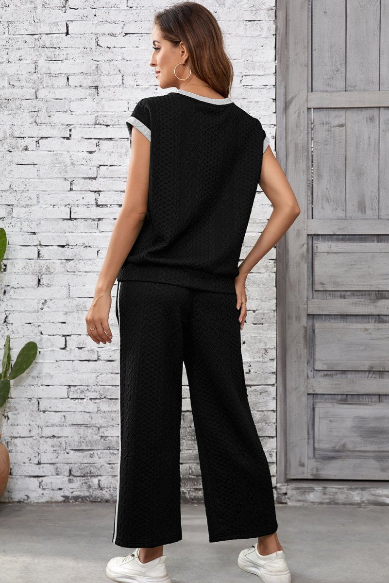 Black Cable Knit Contrast Trim Short Sleeve Top and Pants Set - Love Salve 