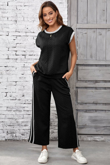 Black Cable Knit Contrast Trim Short Sleeve Top and Pants Set - Love Salve 