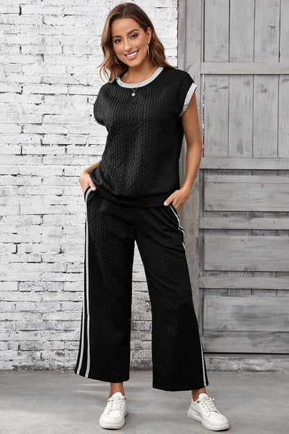 Black Cable Knit Contrast Trim Short Sleeve Top and Pants Set - Love Salve 