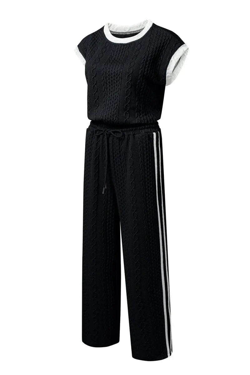 Black Cable Knit Contrast Trim Short Sleeve Top and Pants Set - Love Salve 