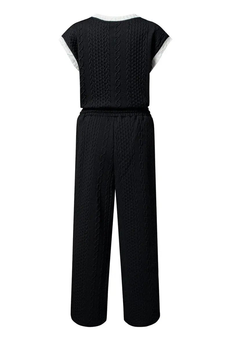 Black Cable Knit Contrast Trim Short Sleeve Top and Pants Set - Love Salve 