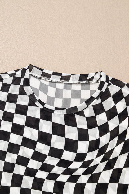 Black Checker Mesh Crew Neck T Shirt for Women Fashion - Love Salve 