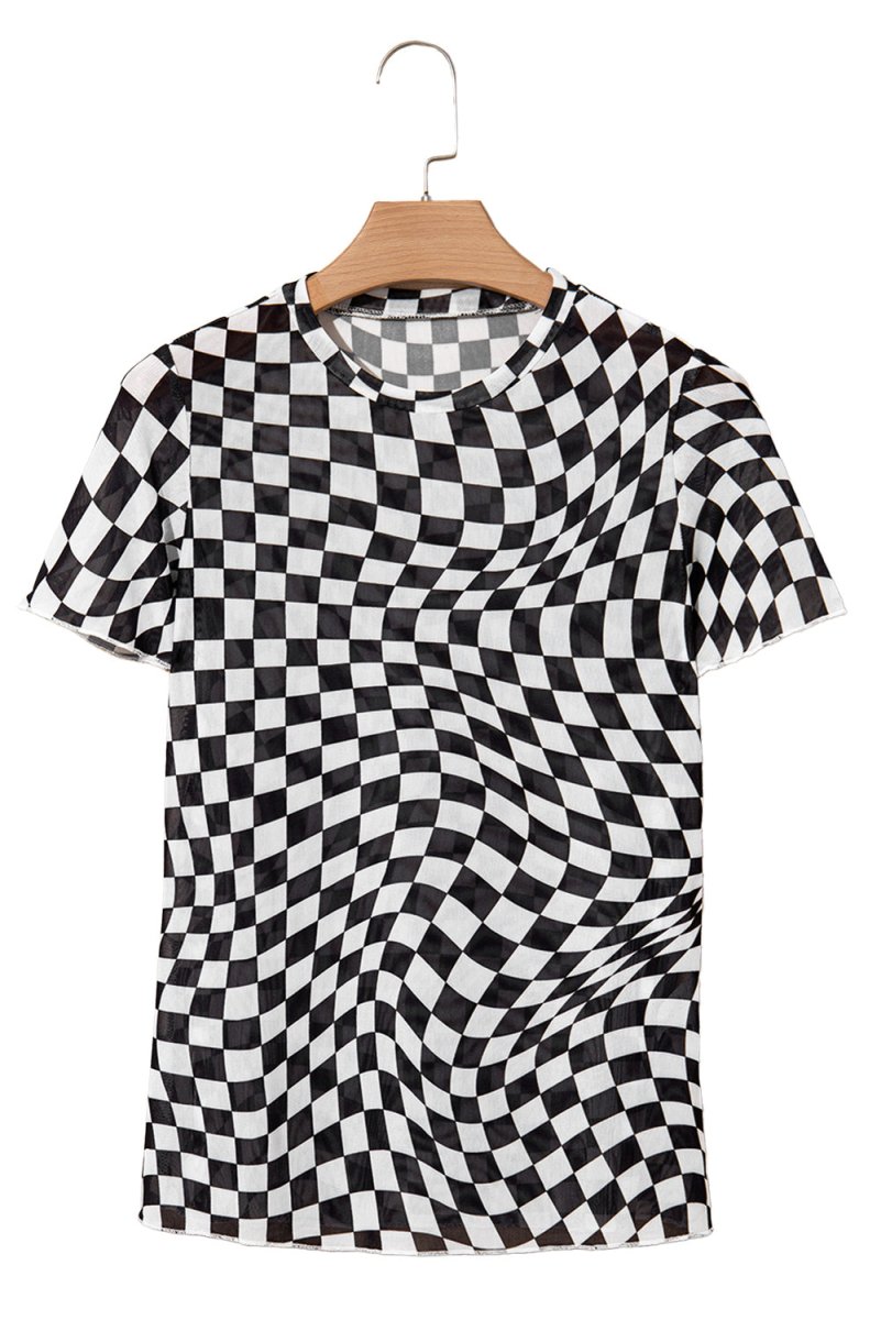 Black Checker Mesh Crew Neck T Shirt for Women Fashion - Love Salve 