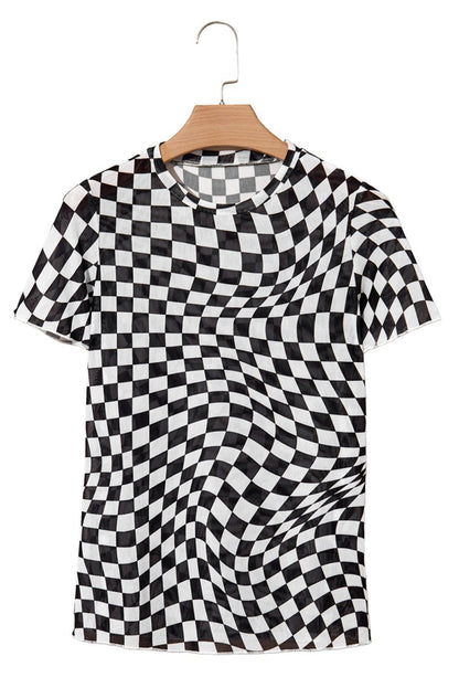 Black Checker Mesh Crew Neck T Shirt for Women Fashion - Love Salve 