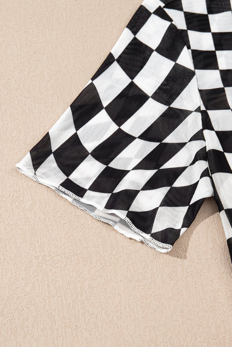 Black Checker Mesh Crew Neck T Shirt for Women Fashion - Love Salve 