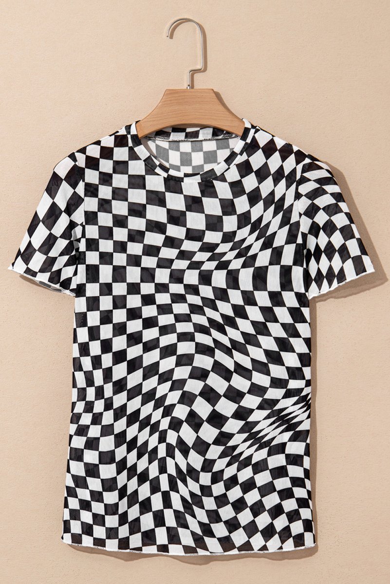 Black Checker Mesh Crew Neck T Shirt for Women Fashion - Love Salve 