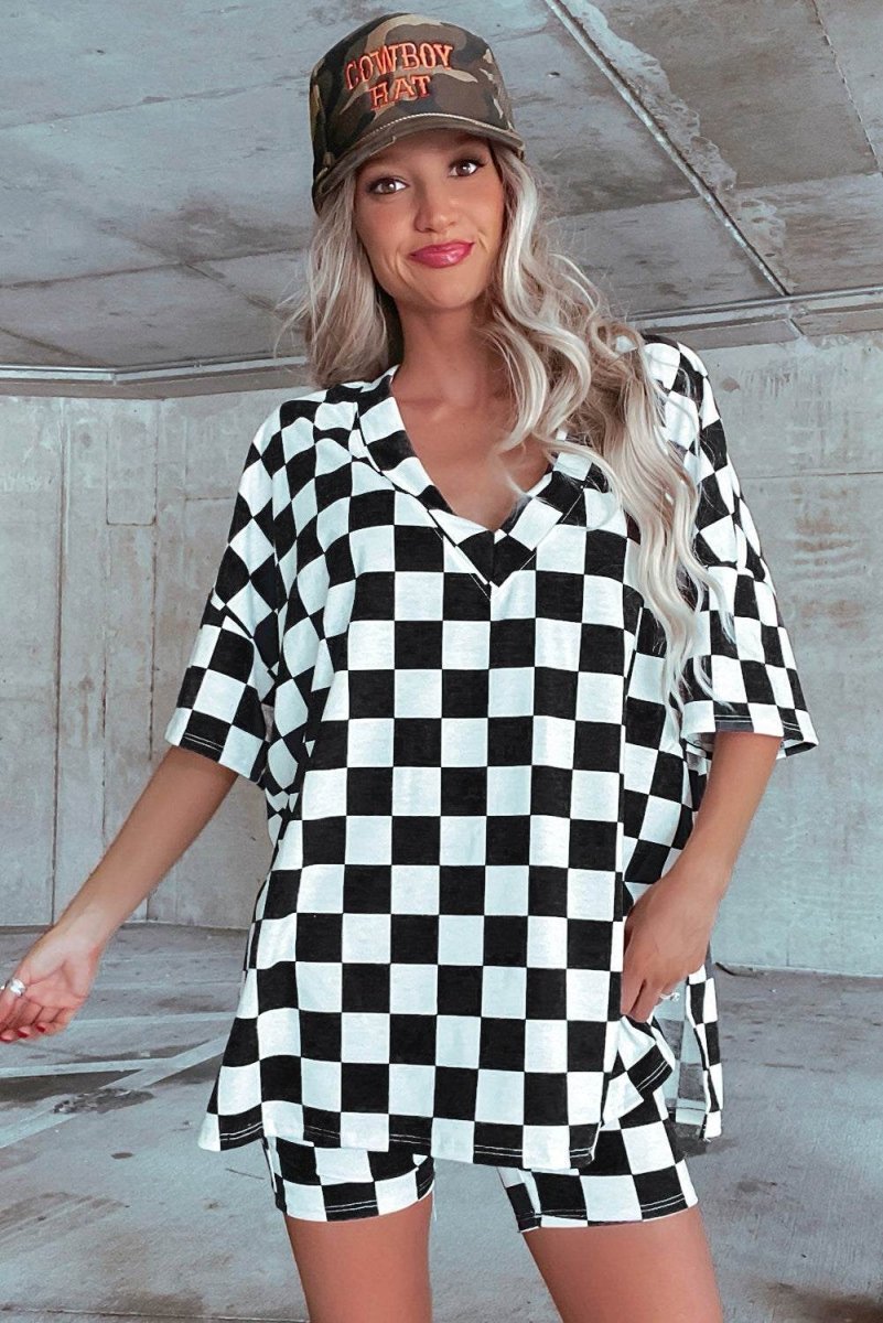 Black Checkerboard Print V Neck Loose Tee and Shorts Set - Love Salve 