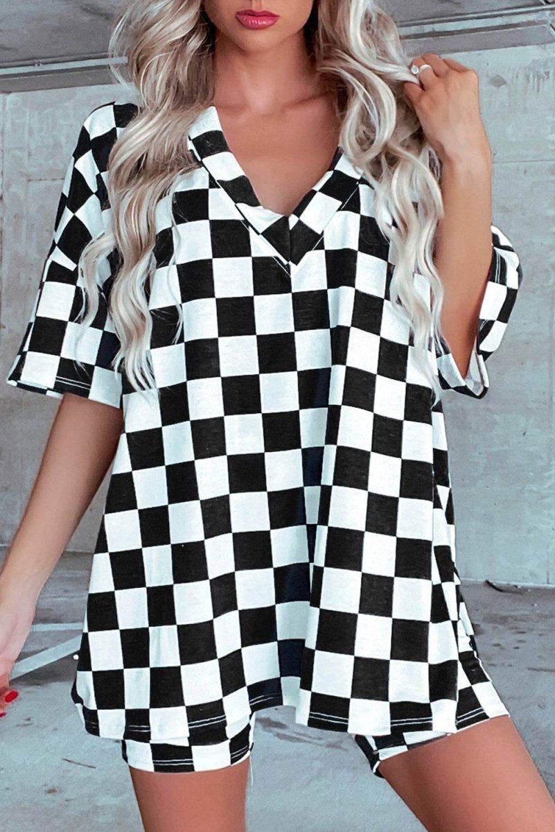Black Checkerboard Print V Neck Loose Tee and Shorts Set - Love Salve 