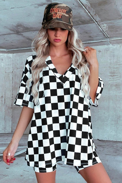 Black Checkerboard Print V Neck Loose Tee and Shorts Set - Love Salve 