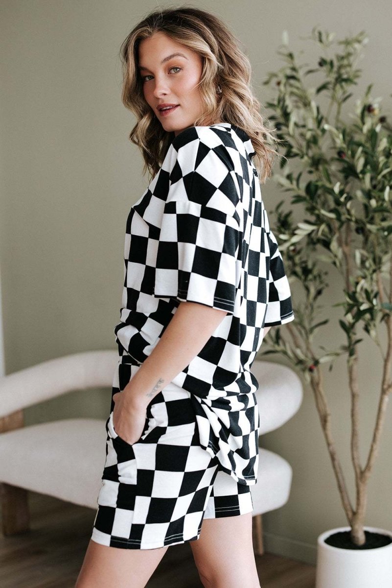 Black Checkerboard Print V Neck Loose Tee and Shorts Set - Love Salve 