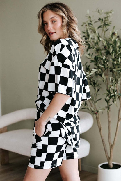 Black Checkerboard Print V Neck Loose Tee and Shorts Set - Love Salve 