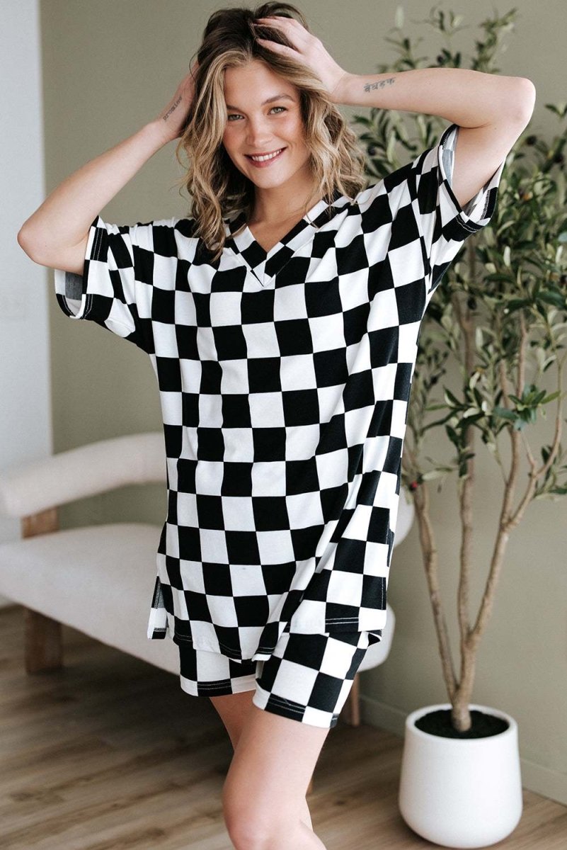 Black Checkerboard Print V Neck Loose Tee and Shorts Set - Love Salve 