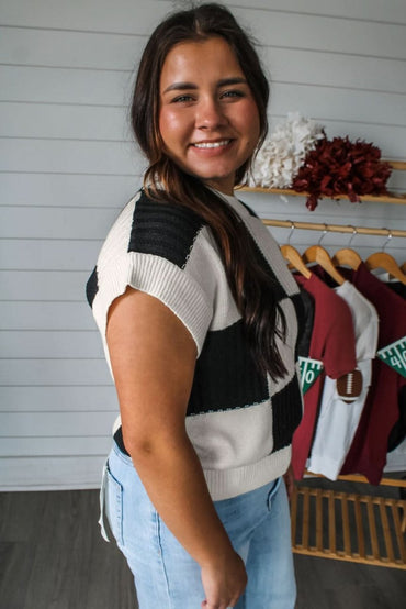 Black Checkered Color Block Crew Neck Short Sleeve Sweater - Love Salve 