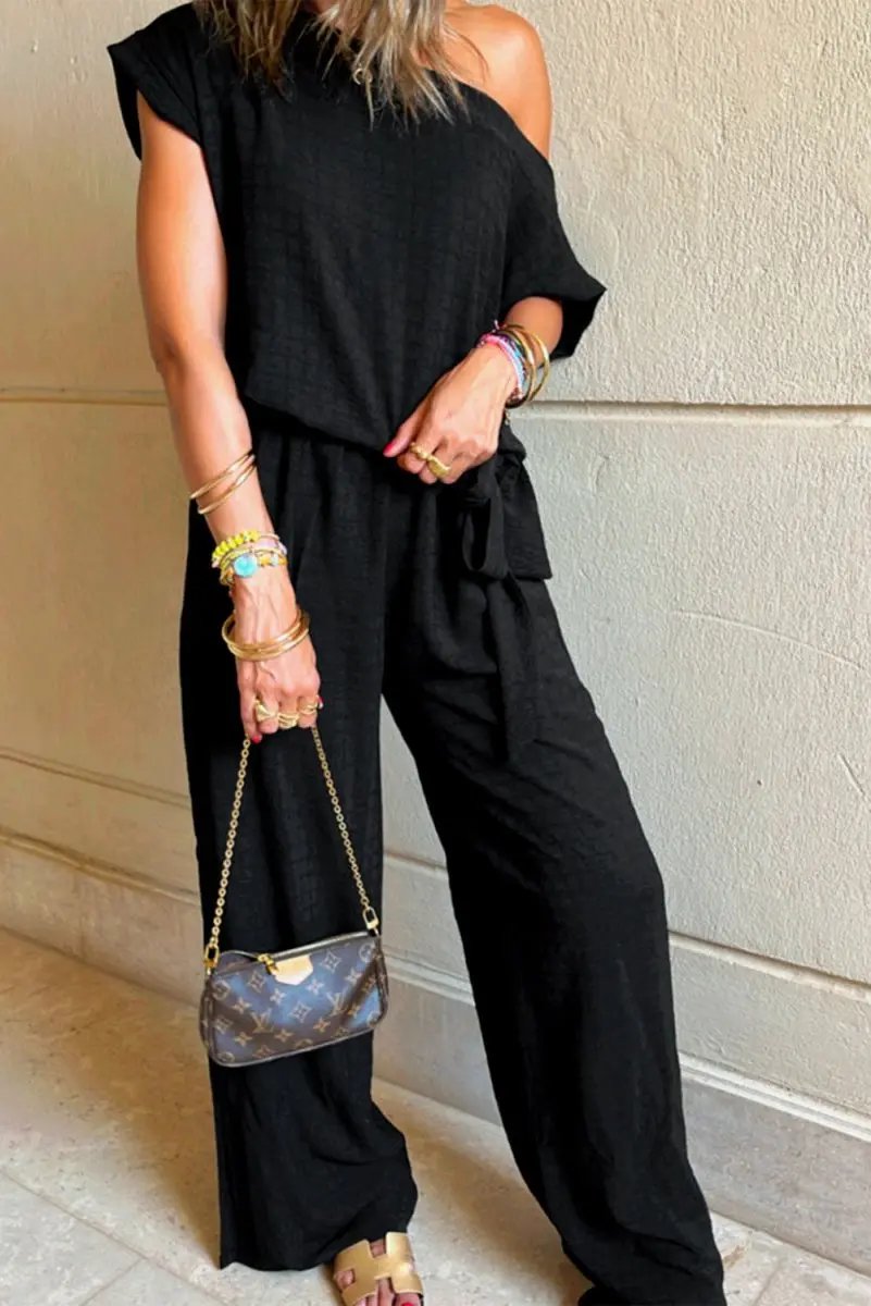 Black Checkered Mesh One Shoulder Short Sleeve Jumpsuit - Love Salve 