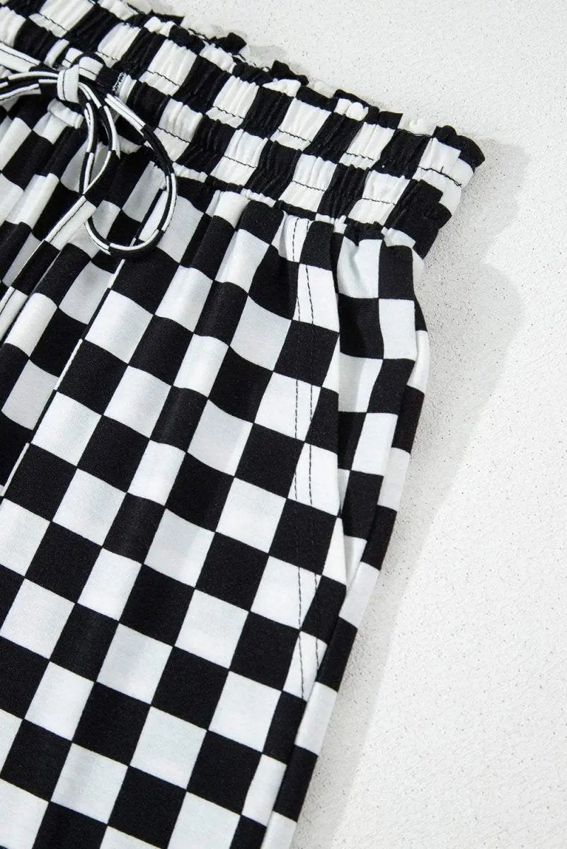 Black Checkered Print Long Sleeve Top and Pants Lounge Set - Love Salve 