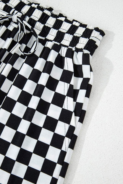 Black Checkered Print Long Sleeve Top and Pants Lounge Set - Love Salve 