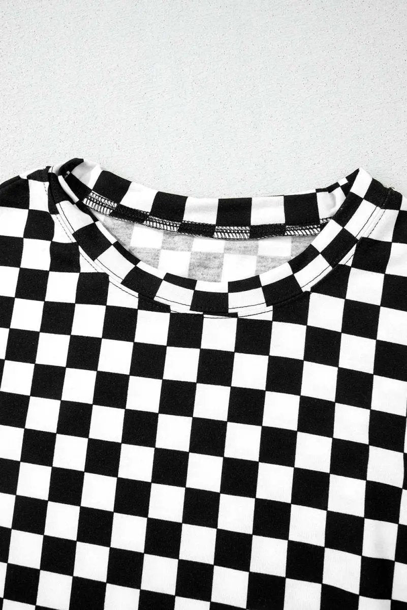 Black Checkered Print Long Sleeve Top and Pants Lounge Set - Love Salve 