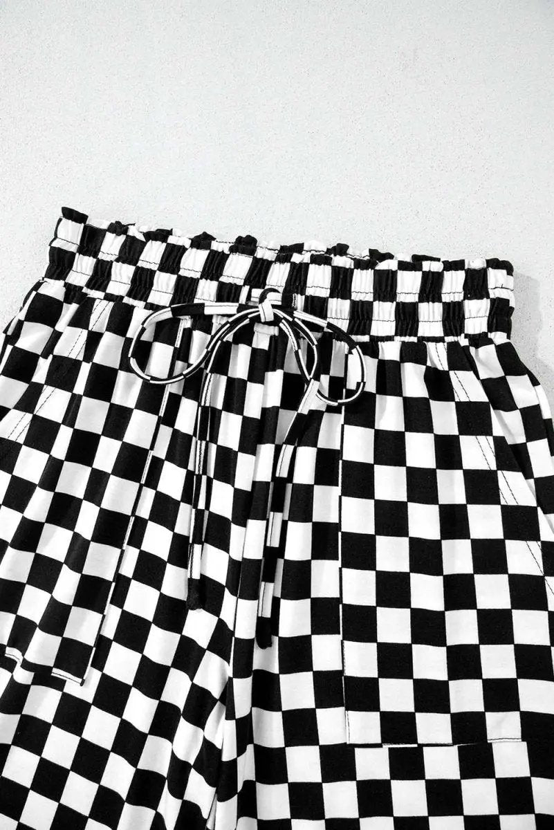 Black Checkered Print Long Sleeve Top and Pants Lounge Set - Love Salve 