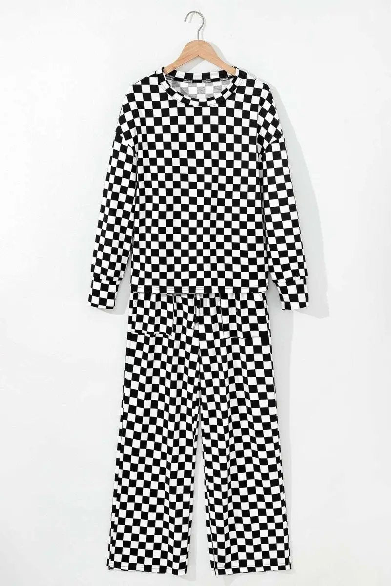 Black Checkered Print Long Sleeve Top and Pants Lounge Set - Love Salve 
