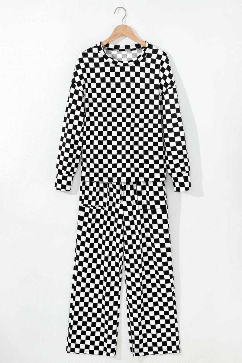 Black Checkered Print Long Sleeve Top and Pants Lounge Set - Love Salve 