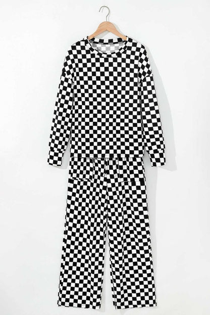 Black Checkered Print Long Sleeve Top and Pants Lounge Set - Love Salve 