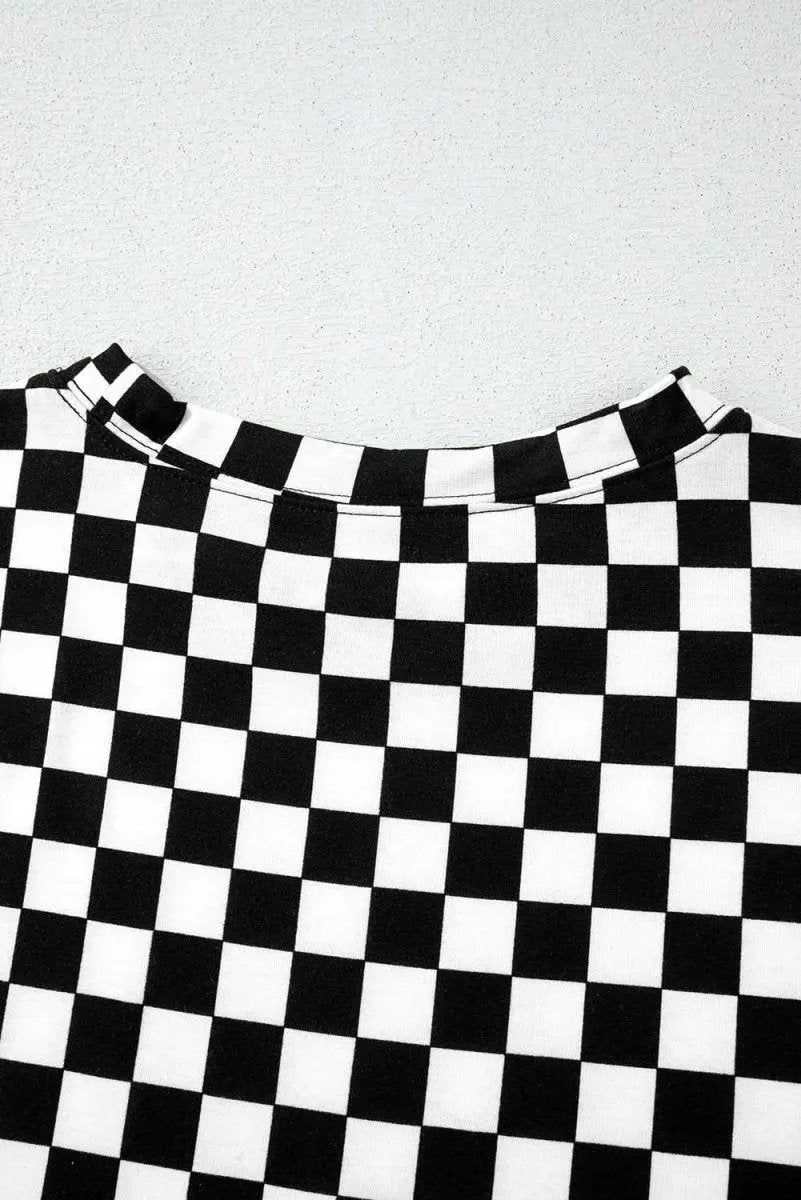 Black Checkered Print Long Sleeve Top and Pants Lounge Set - Love Salve 