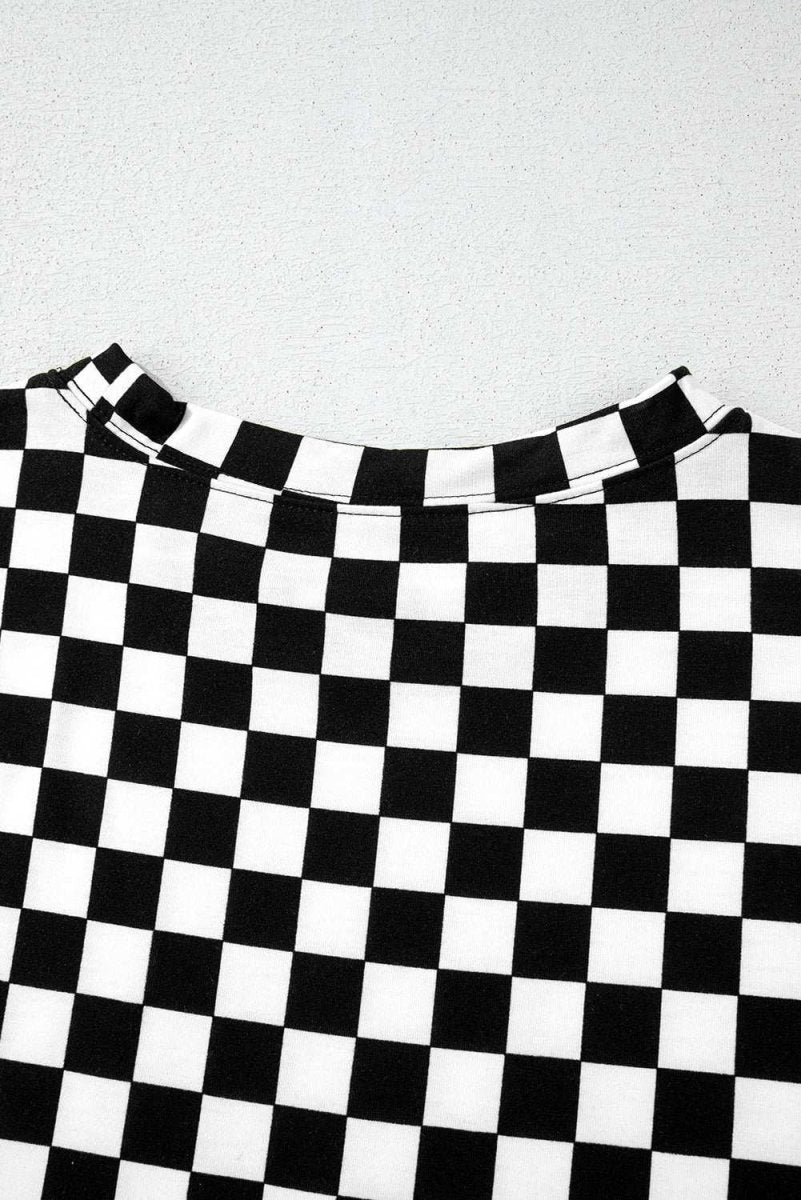 Black Checkered Print Long Sleeve Top and Pants Lounge Set - Love Salve 