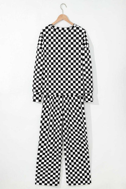 Black Checkered Print Long Sleeve Top and Pants Lounge Set - Love Salve 