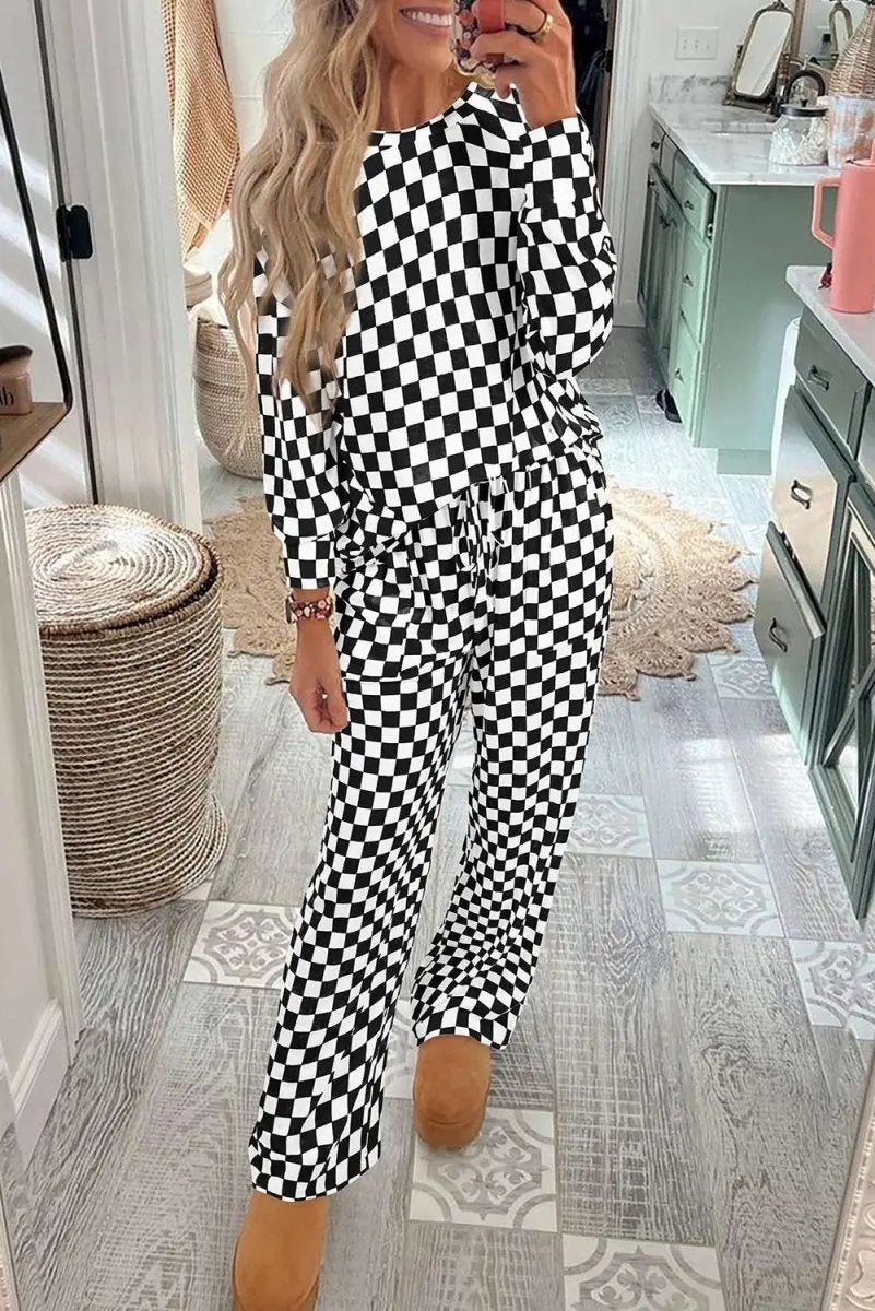 Black Checkered Print Long Sleeve Top and Pants Lounge Set - Love Salve 