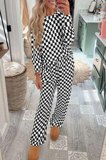 Black Checkered Print Long Sleeve Top and Pants Lounge Set - Love Salve 