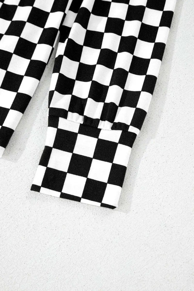 Black Checkered Print Long Sleeve Top and Pants Lounge Set - Love Salve 