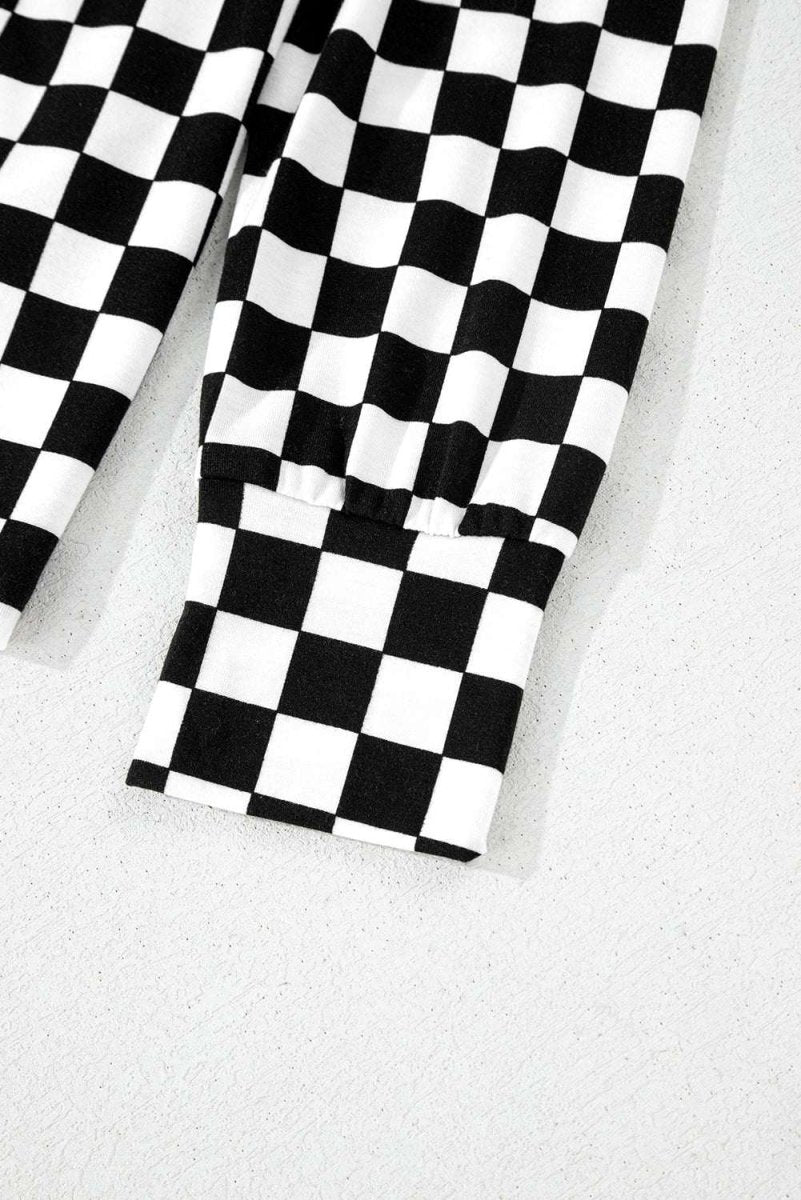 Black Checkered Print Long Sleeve Top and Pants Lounge Set - Love Salve 